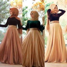 2017 Muslim Dress Sash Beaded Sequins Long Evening Dresses Hijab A Line Vestido De Festa Full Sleeves Elegant Evening Gown