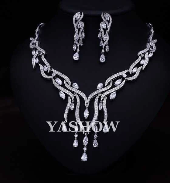 

LUXURY BEST QUALITY BRILLIANT CRYSTAL ZIRCON DROP EARRINGS AND NECKLACE DINNER JEWELRY SET WEDDING DRESS ACCESSARIES