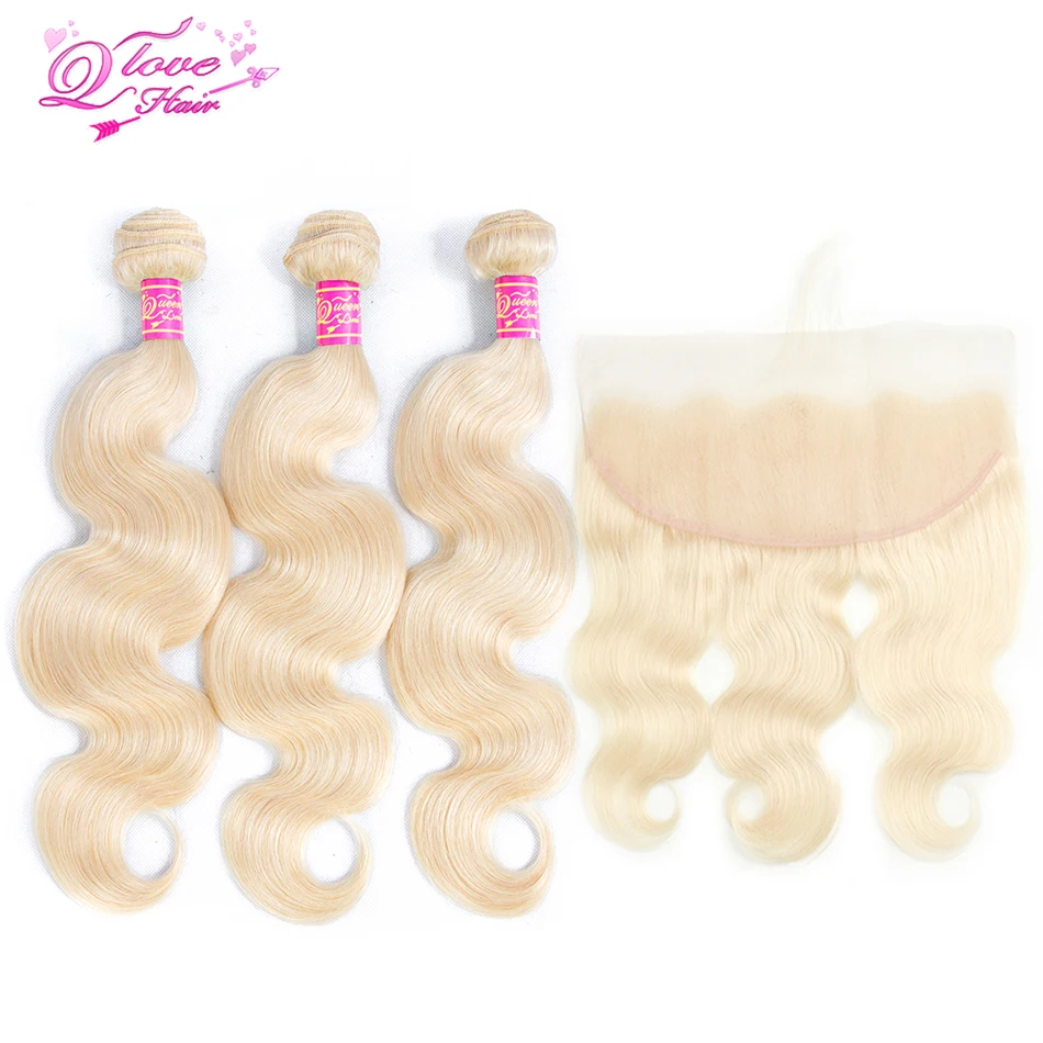 

Queen Love Hair 613 Blonde Color Brazilian Body Hair 3 Bundles With 13*4 Frontal Remy Hair 100% Human Hair Extensions
