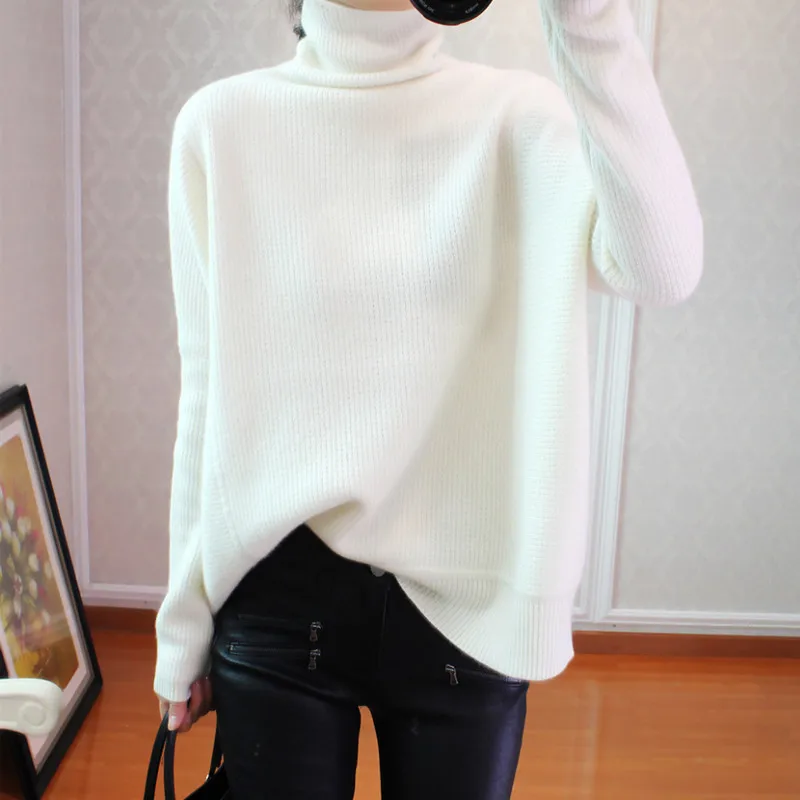 201 new cashmere sweater female high collar Korean version of lazy loose pullover sweater solid color large size bottoming shirt - Цвет: Белый