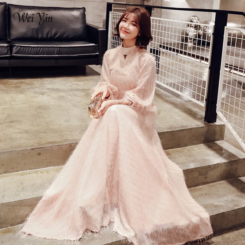 

2019 Pink Long Sleeves A-line Prom Dresses Muslim Fashion Elegant Women Party Dress Long Formal Dresses LF173