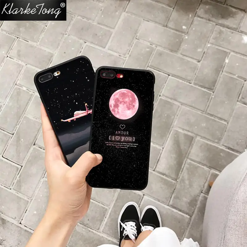 

KlarkeTong Pink Plain Vintage Matte Case For iPhone Xs max XR 8 7 6 6s Plus 5 5s Moon Stars Pattern Soft Black Silicone Cover