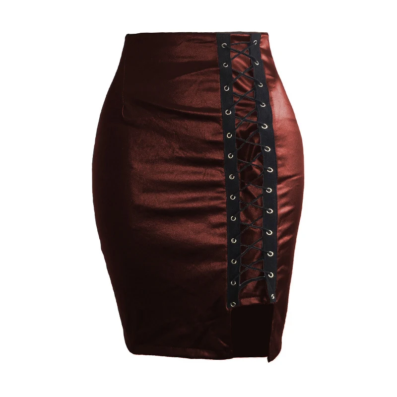 

Retro Skirt Women Club Ladies Evening Sexy Bodycon Faux Leather High Waist Lace Up Oversize Pu Leather Vintage