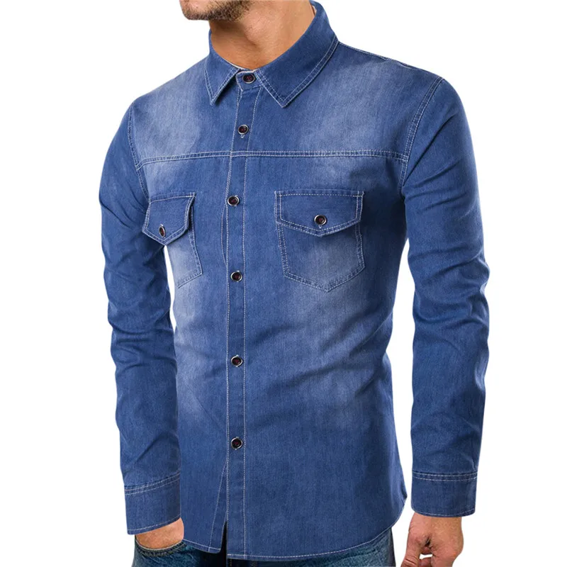 

Denim Shirt Men Long Sleeves Slim Fit Washed Spring Fashion Male Denims Jeans Shirt Tops Casual business men's shirt Tops
