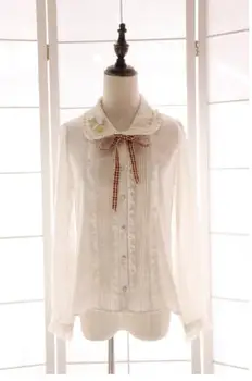 

Sweet Mori Style Girl's White Chiffon Shirt Cute Cage Embroidered Peter Pan Collar Long Sleeve Blouse