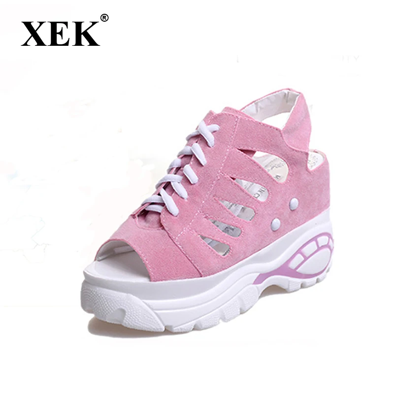 

XEK Women Hollow Sandals Summer Platform Wedges Women Elevator Shoes With Heels 6 cm GSS98