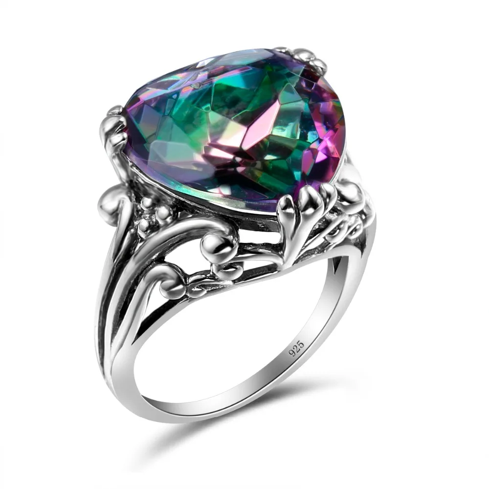 Romantic Heart Shape 925 Sterling Silver Ring Rainbow Mystic CZ Austrian Crystal Ring For Women Vintage Jewelry Accessories