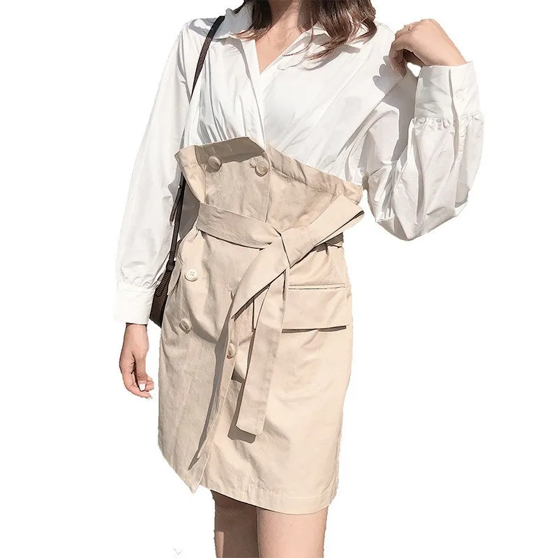 

Women Lapel High Waist Mini Shirt Dress Patchwork Sashes A-Line Dress Long Sleeve Casual Dresses
