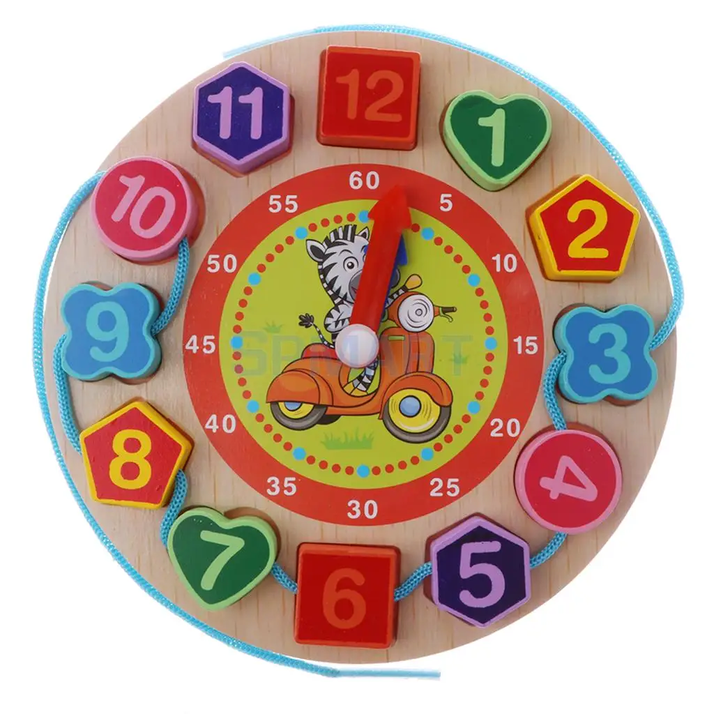 MagiDeal Colorful Wooden Montessori Toys Digital Clock Toy Lacing