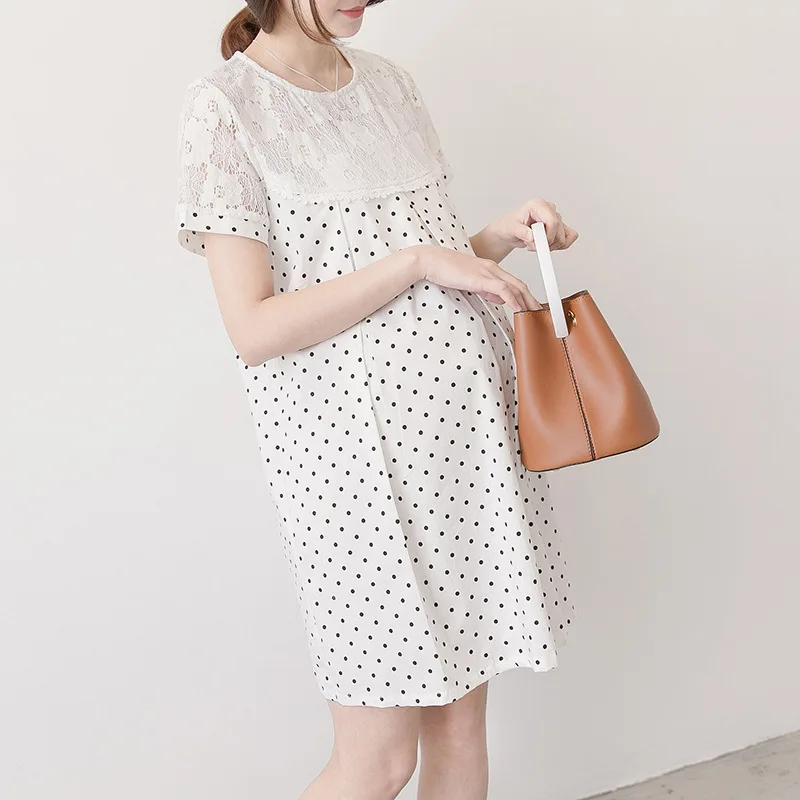 

2018 Summer New Lace Short-sleeved Print Dot Lace Maternity Dress Maternity Wear Pregnant-clothes Pregnancy Clothes Summer
