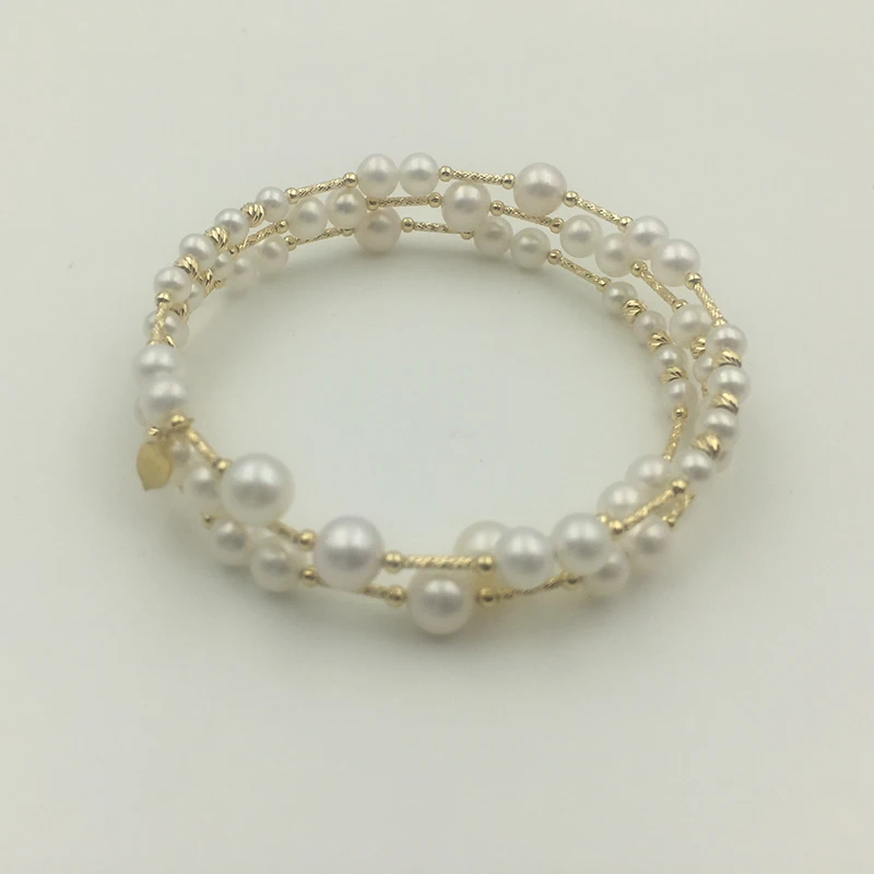 Женский многослойный браслет с натуральным жемчугом 18k AU750|Гибкие и жесткие