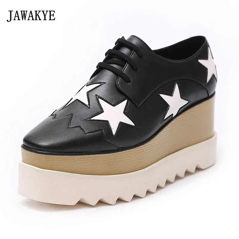 

JAWAKYE Stars Loafer Shoes Women Square Toe lace-up Thick Bottom Platform Wedge Shoes For Women Real Leather Causal Shoes 2018