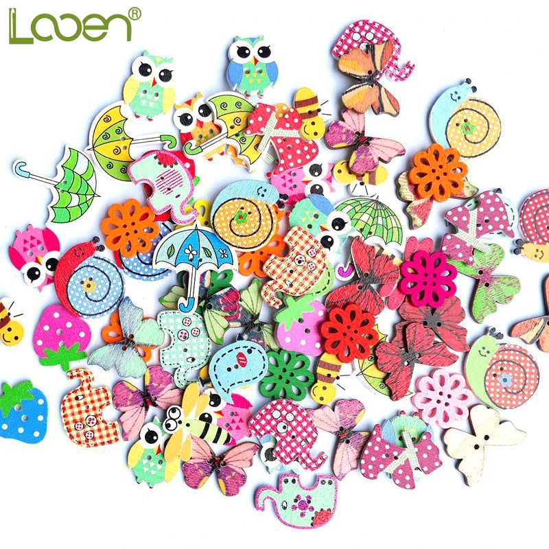 50Pcs Mixed Animal Button 2 Holes Wooden Buttons DIY Sewing Scrapbooking Craft