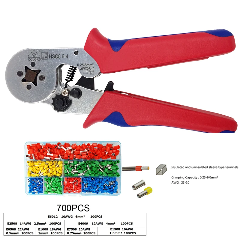 

HSC8 6-4 Crimping plier for Insulated and uninsulated sleeve type terminals 0.25-6mm2 AWG23-10 mini self-adjustable pliers tools