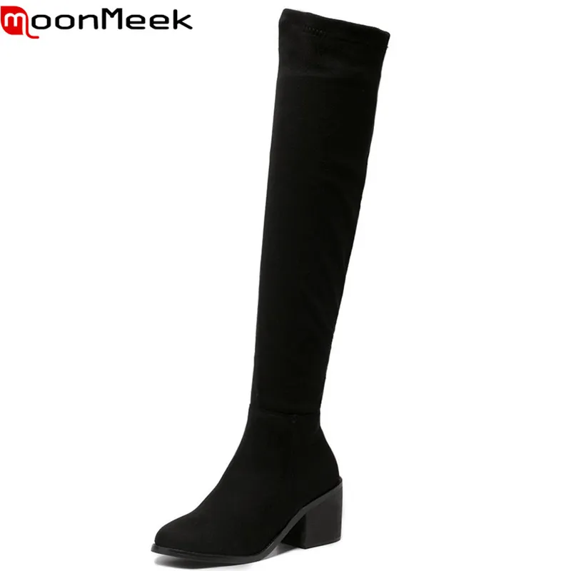 

MoonMeek over the knee boots for women winter square heels round toe solid nubuck flock leather casual concise mature platform