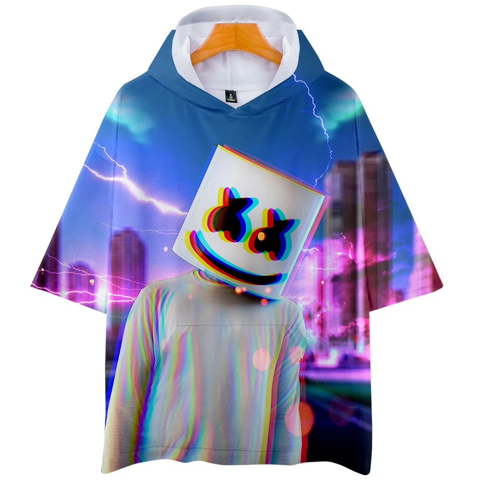 

2019 3D Marshmello Women Hoodie Short Sleeve Harajuku 3D Customized Print Kpop Women Hooded T-shirt Casual Wear DJ MAG Music