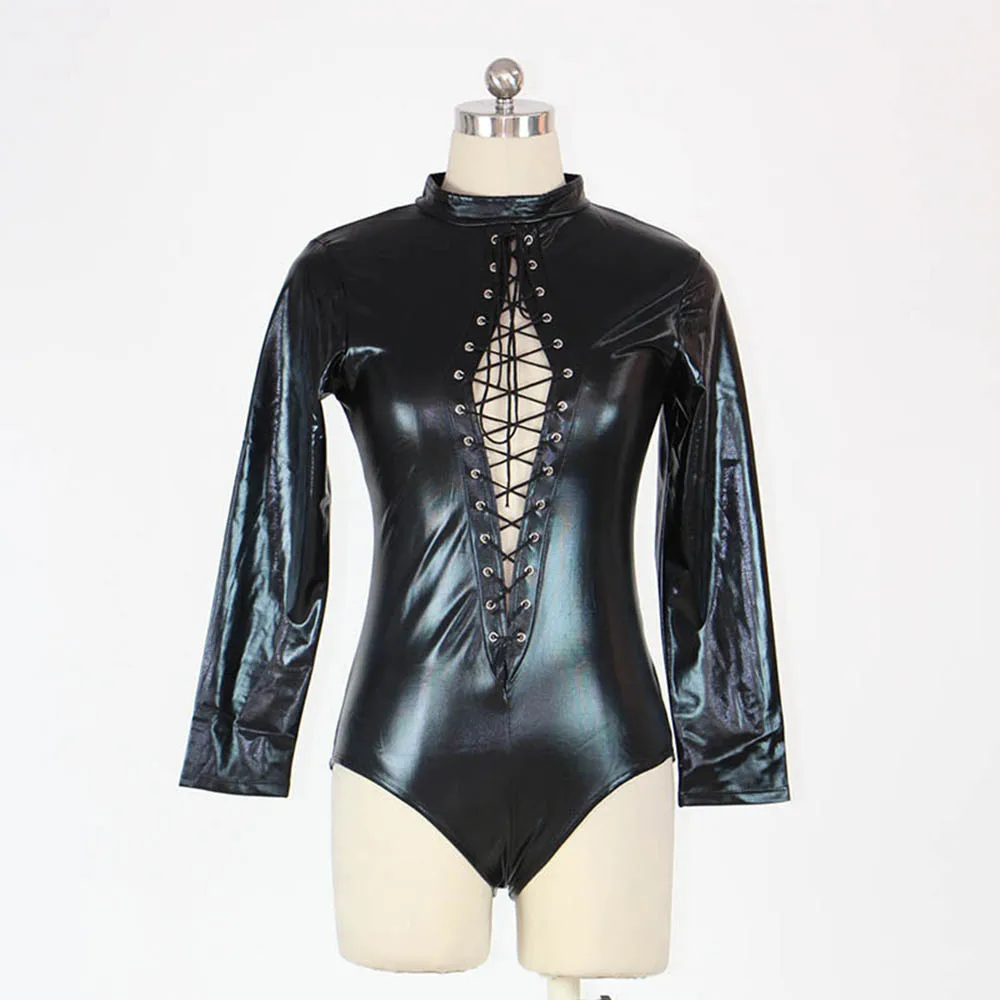 one shoulder bodysuit Black PVC Vinyl Leather Bodysuit Women One Piece Long Sleeve Skinny Bandage Fetish Bodysuit Pole Dance Club Vinyl Catsuit 5XL bodysuit top