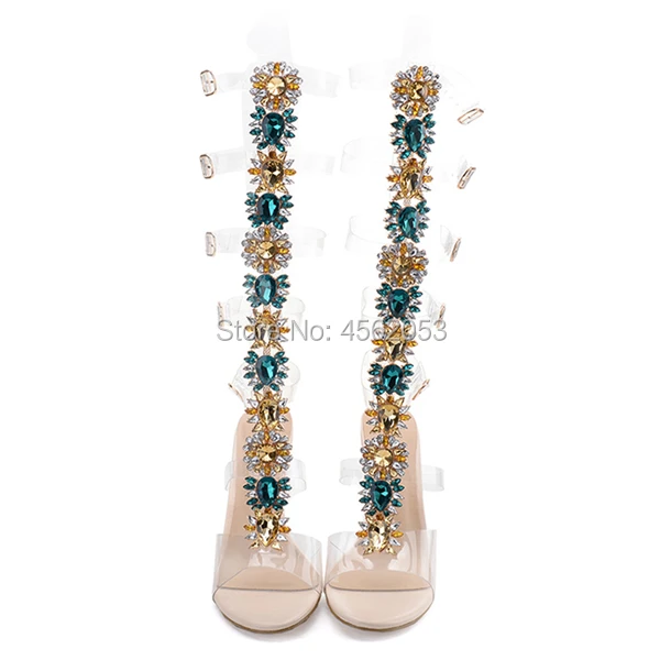KALMALL/пикантные Прозрачные высокие сапоги до колена с прозрачными ремешками, высокий каблук из плексигласа Летняя обувь со стразами женские сандалии-гладиаторы со стразами