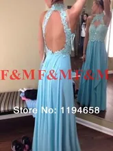 2016 neue Ankunft Sexy High Neck Wulstige Spitze Top Hellblau Chiffon Abendkleid Lange Open Back Für Besondere Anlässe Kleid F & M1103