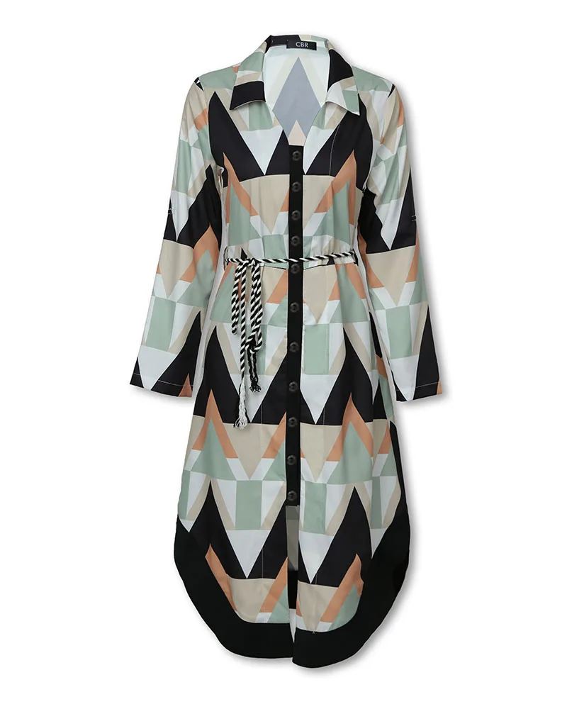 Женское асимметричное Повседневное платье-рубашка с геометрическим принтом и цветными блоками, Офисная Женская одежда с длинным рукавом, элегантные рабочие платья