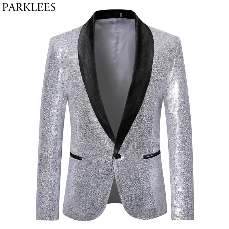 Mens Shiny Sliver Sequin Jacket Blazer Men One Button Shawl Collar Suit ...