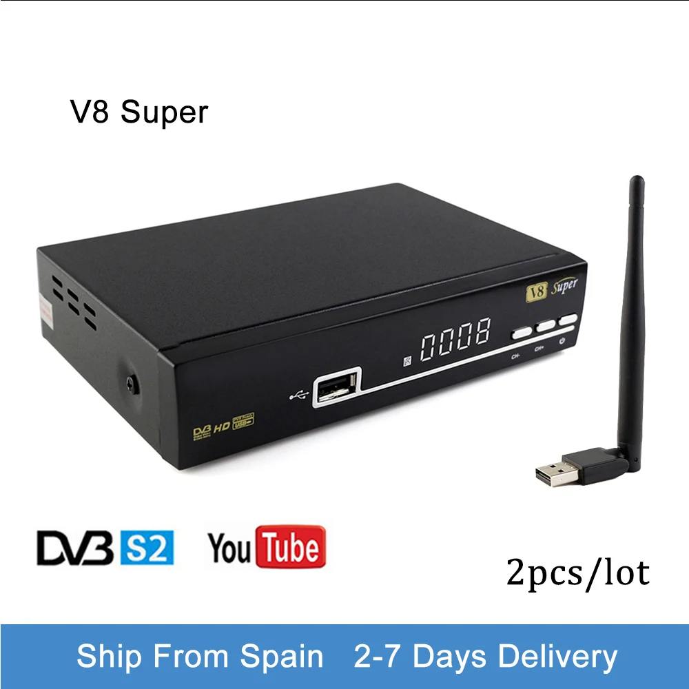 

2pcs V8 Super DVB-S/S2 HD Satellite Receiver Support PowerVu Bisskey PVR YouTube with USB WiFi V8 Super Ship From Spain