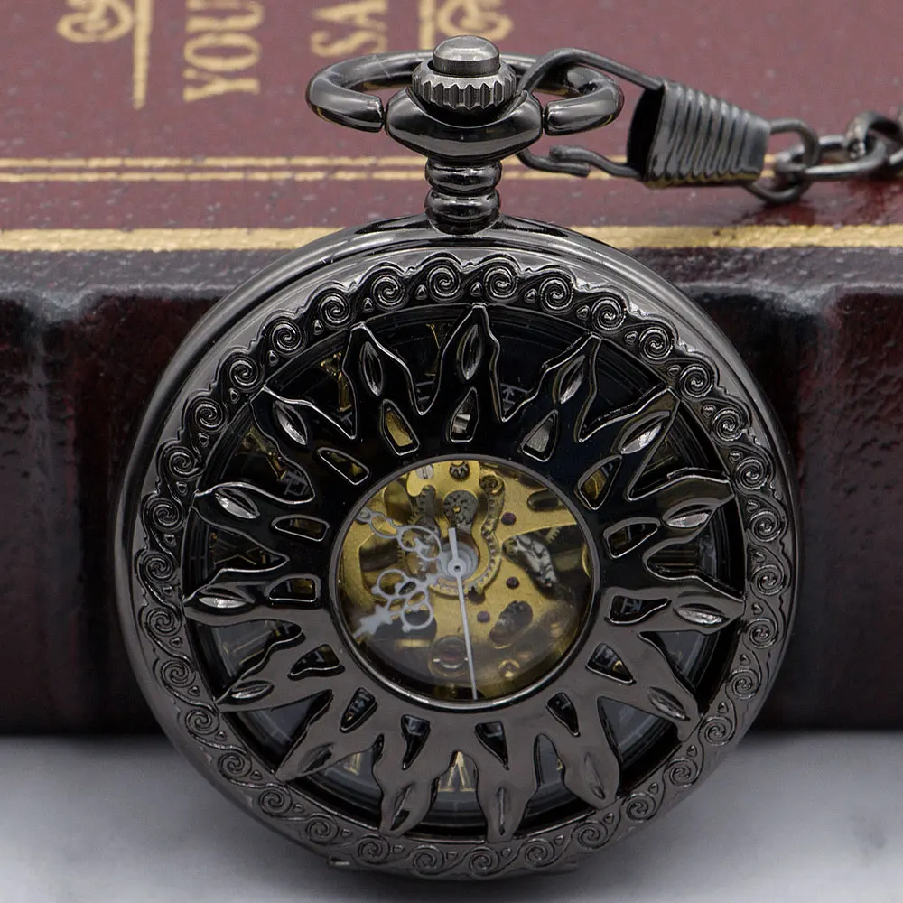 

Unique Steampunk Sun Flower Hollow Design Mechanical Pocket Watch Male Clock Retro Skeleton Hand Wind Watches FOB PJX1330