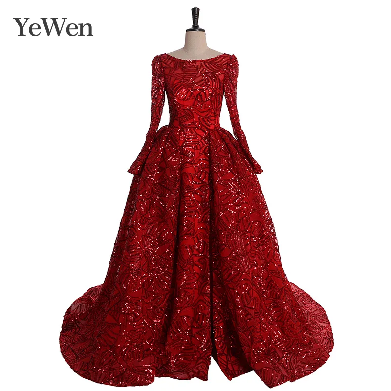 

Robe de Soiree Longue Elegant Wine Red Prom Dress Long Sequin Long Sleeves Evening Gowns 2019 Vestido de Festa YeWen