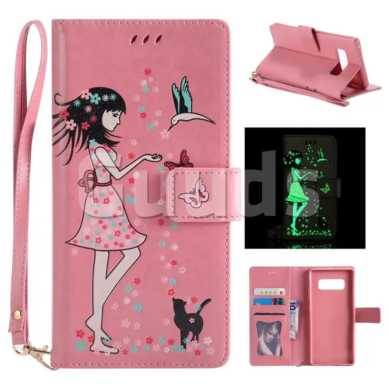 Luminous Flower Girl Cat Leather Wallet Case for Samsung Galaxy Note 8 - Hot Pink