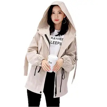 

2019 Spring Autumn Loose Casual Trench Coat For Women Pleated Zipper Hooded Windbreaker Female Fashion Slim Outwaer Coat D143