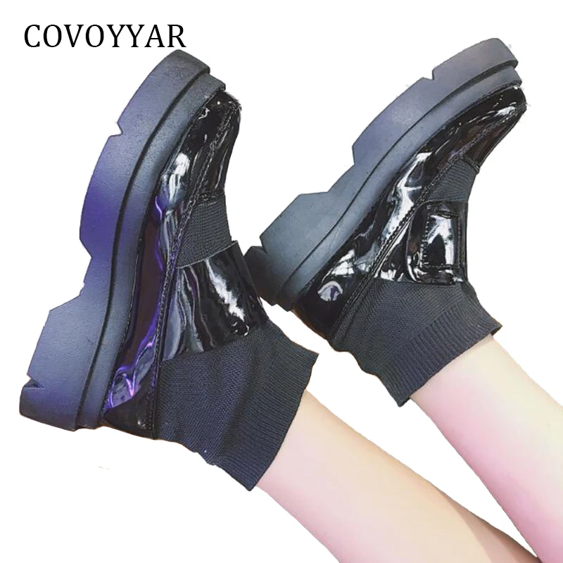 

COVOYYAR 2018 Comfort Women Boots Patent Leather Elastic Socks Shoes Ankle Boots Thick Heel Platform Black Shoes Women WBS903