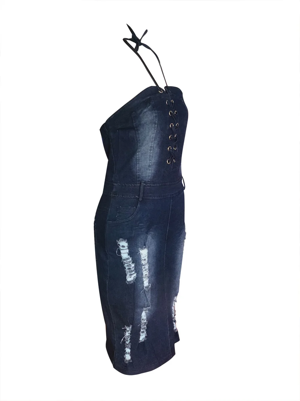 2018 Delgado arnés vaquero bolso cadera vestido Sexy mujer azul Delgado Jeans vestidos de una sola pieza vaquero vintage - 2