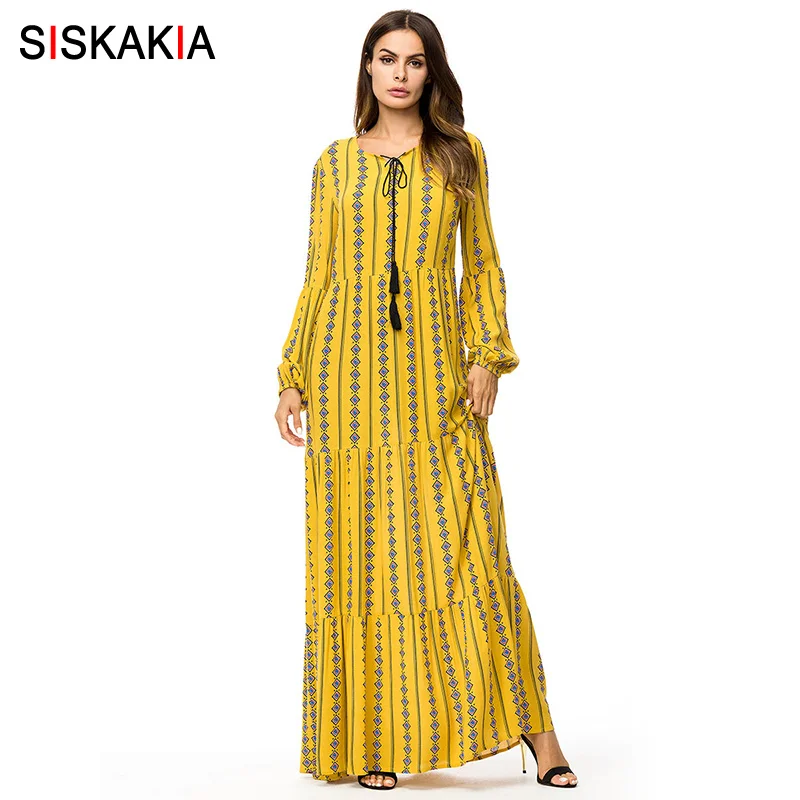 

Siskakia Fashion Muslim Print long dress Autumn Fall 2018 Tall women Maxi dresses long sleeve swing dress Arab Qatar UAE Jubah