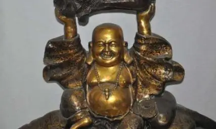 

S0732 30"Chinese Bronze gilt Maitreya Buddha Ride Ox Bull Cattle wealth cabbage statue