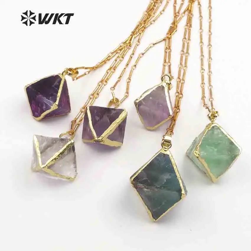 

WT-N1142 WKT Random Size Natural Rainbow Fluorite Stone In Dice Shape With Gold Trim Healing Crystal Bohe Necklace Best Gift