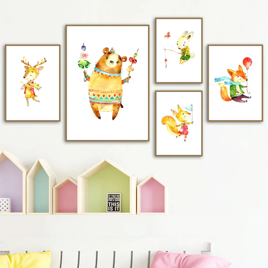 

Bear Deer Rabbit Fox Squirrel Nursery Nordic Posters And Prints Wall Art Canvas Painting Wall Pictures Baby Kids Room Home Decor