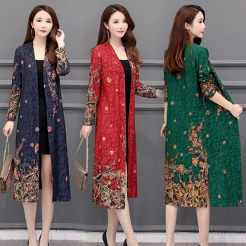 

b 2019 spring women's windbreaker jacket spring and autumn women's long section new plus size 5XL ethnic wind cardigan jacket