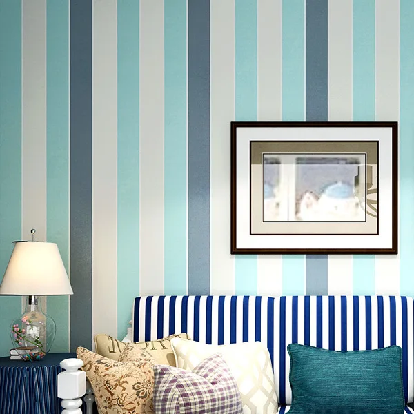 

Mediterranean style wallpaper vertical stripes retro blue nostalgic living room non-woven TV background wall Nordic wallpaper