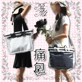 

Comicon Anime Classic Black White Cute Bow Ruffle Double-sided Transparent Itabag Students Messenger Bag Daily Handbag Girl