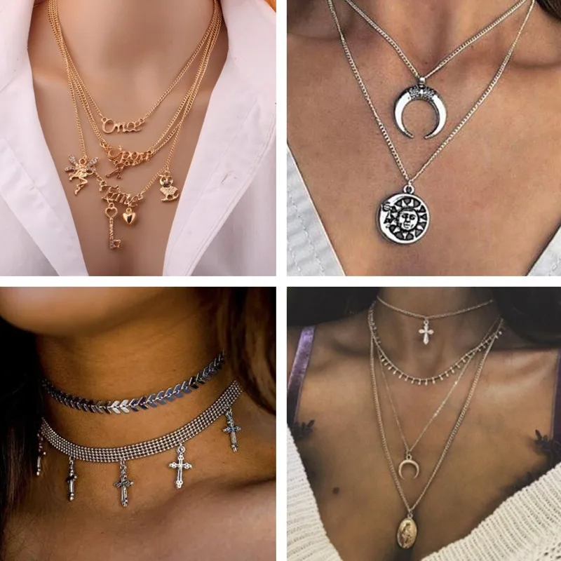 Seblasy Fresh Style Leaves Moon Feather Evil Eye Cross Crystal Chain Necklaces &amp Pendants for Women Birthday Gifts Jewelry Femme |