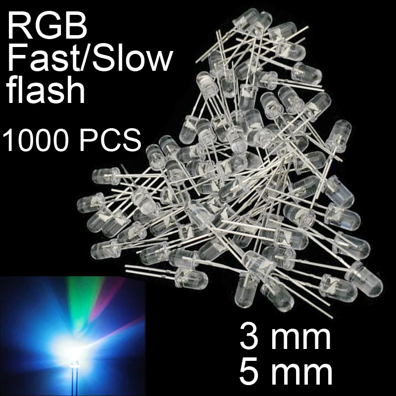 

1000PCS LED Diodes Ultra Bright Bead Light RGB Fast/Slow flashing High Quality Lot 3MM 5MM Transparent Cover Emitting