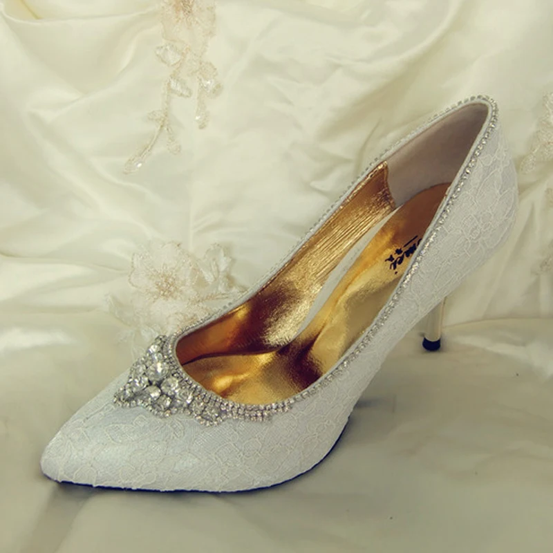 

Fashion lady Crystal Pointed Toe Dress Shoes High Heel White Lace Wedding Shoes Party Prom Shoes colorful women shoes