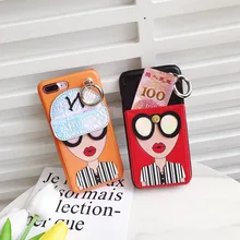 For iphone 7plus Wallet Case Personality Beautiful Red Lips Sunglasses Lady Strips Ring Case For iPhone 7 8 8plus 6 6plus 6s X