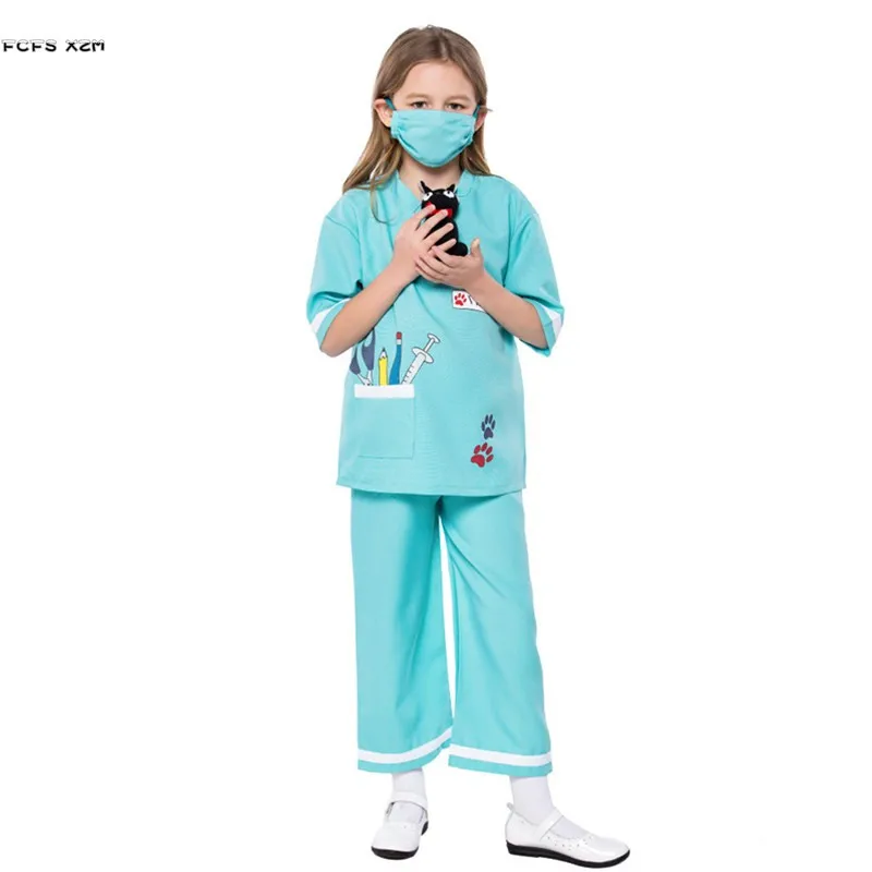

Blue Girls Halloween Doctor Costumes Children kindergarten Nurse role playing game Cosplay Carnival Purim Masquerade Party dress