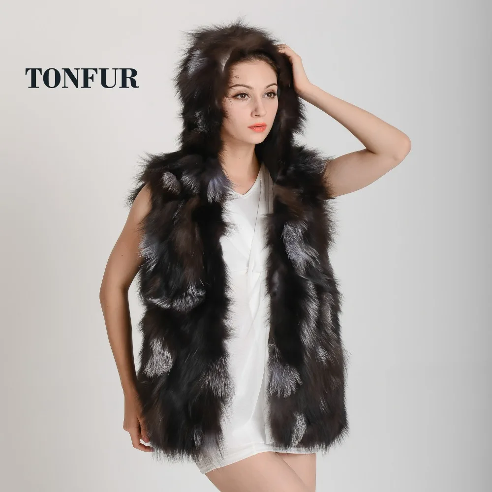 2019 New Arrival Lady Real Fox Fur vest hooded Natural fox fur vest