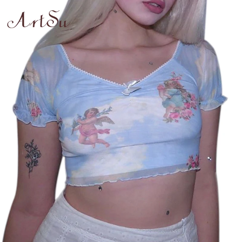 

ArtSu Fashion Angel Printed Tshirt Mesh Top Bow Kawaii Short Sleeve Crop Top Sexy Funny T shirts Women Cute Casual ASTS20715