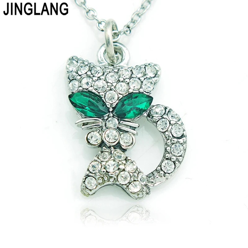 

High quality Green Opal Eye White Rhinestone Cat Charm Fashion Pendant Necklaces For Women Jewelry DZ2147