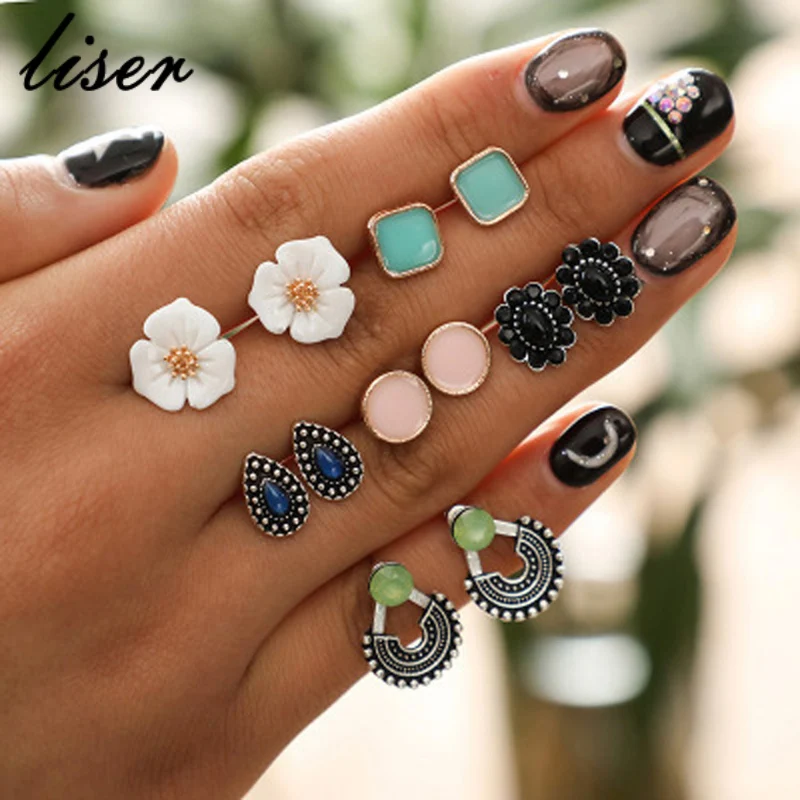 

6Pcs/set New Vintage Bohemia Ladies Earrings Set Austria Crystal Cubic Zirconia Small Stud Earrings For Wome Fashion Accessories