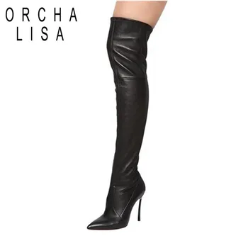 

ORCHA LISA Winter knee high boots Woman knee Long boots High heel Round toe Slip-on botas Black Wine Red Sapatos Mujer C557