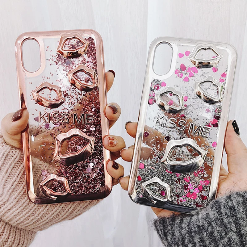 

Electroplate lips Dynamic Liquid Quicksand Phone Case For Samsung S7 S8 S9 Note 8 9 J3 J5 J7 For iPhone 5 6 7 8 Plus X XS Max XR